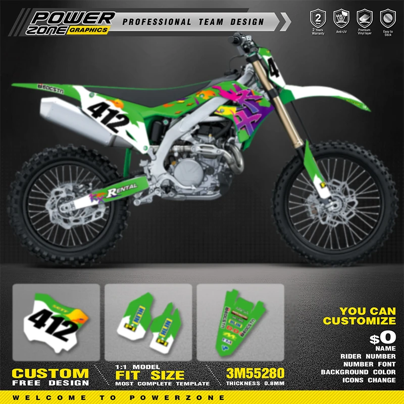 

PowerZone Custom Team Adhesive Decals Vinyl Sticker Kit For Kawasaki 2019 -2023 KXF KX450 2021-2024 KXF KX250 Motorcycle 13