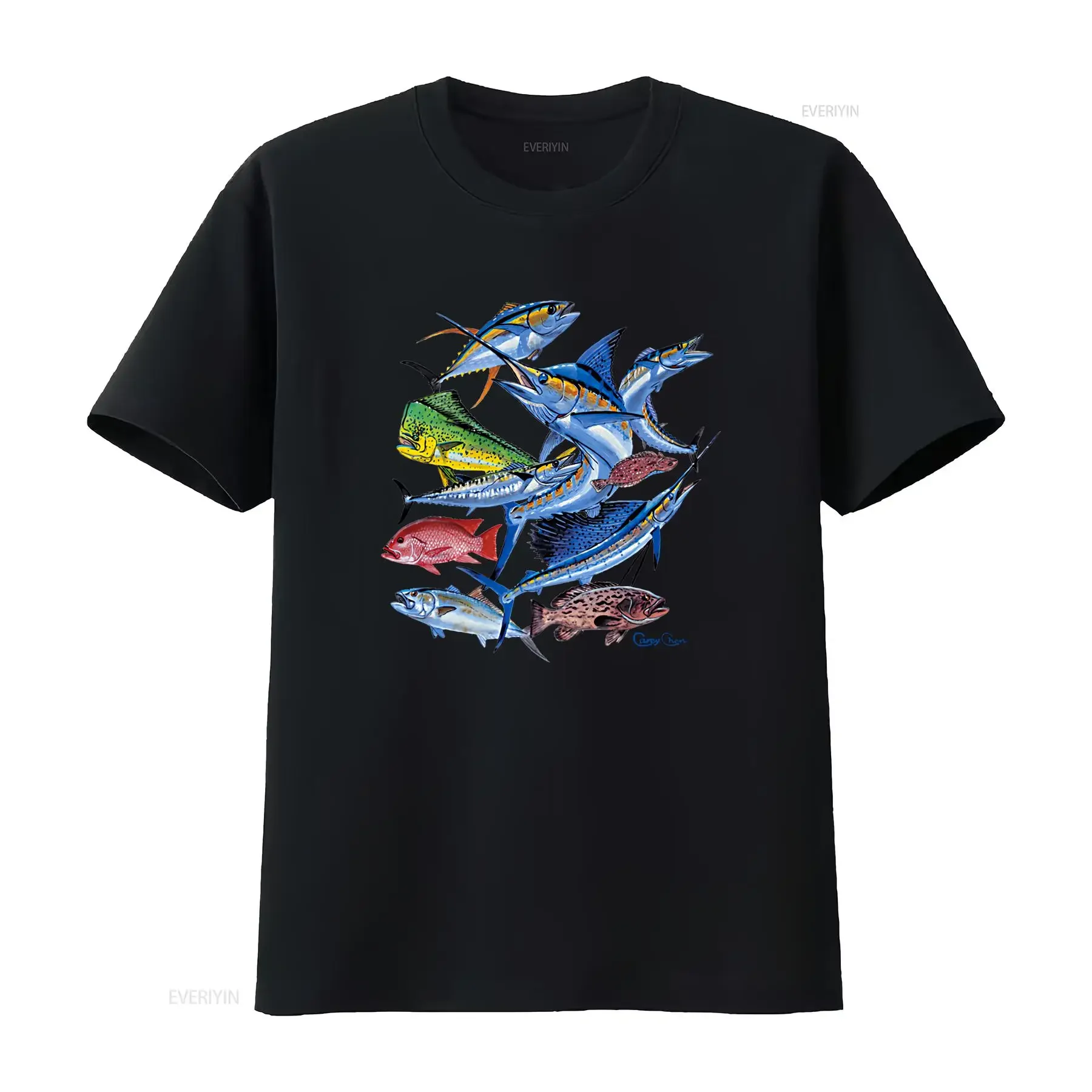 Mens Saltwater Fish Collage Marlin Tuna Swordfish Mahi Fishing Fisherman T Shirt vintage Washed Stretched Soft designer clothes