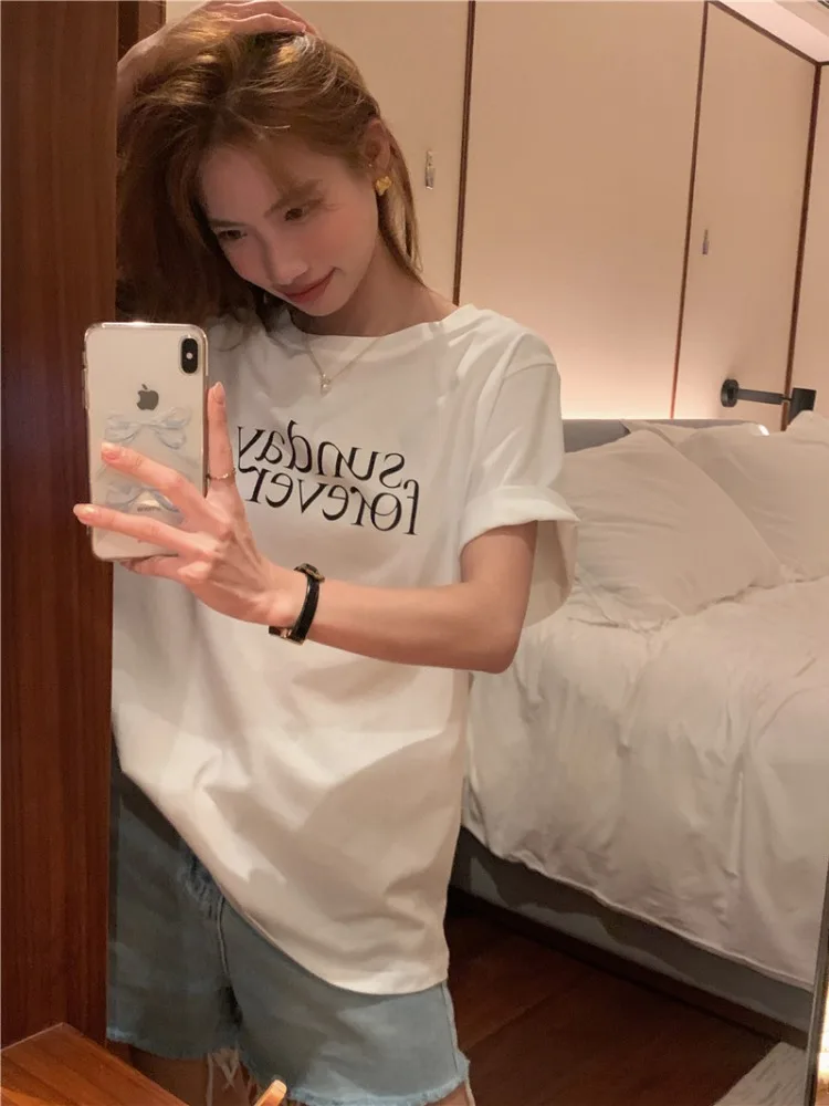 

Korean Sle Simple Letter Print round Ne ort Sve T-irt Women's Design Unique Exquisite Summer Outerwear Top