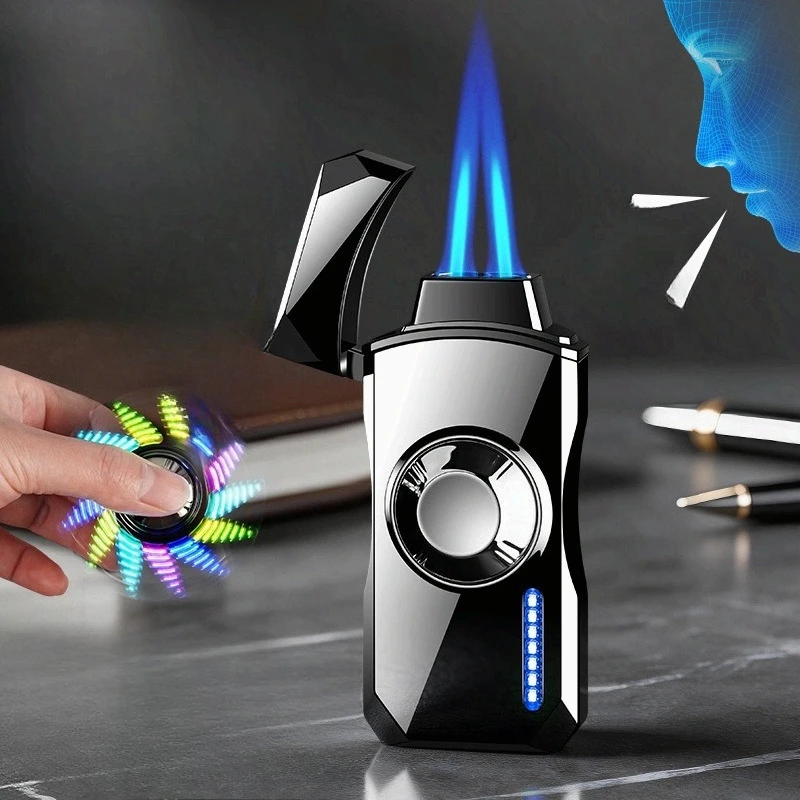 Windproof Dual Flame Colorful Gyroscope Voice Controlled Gas Lighter Multiple Ignition Methods USB Charging Electric Lighters