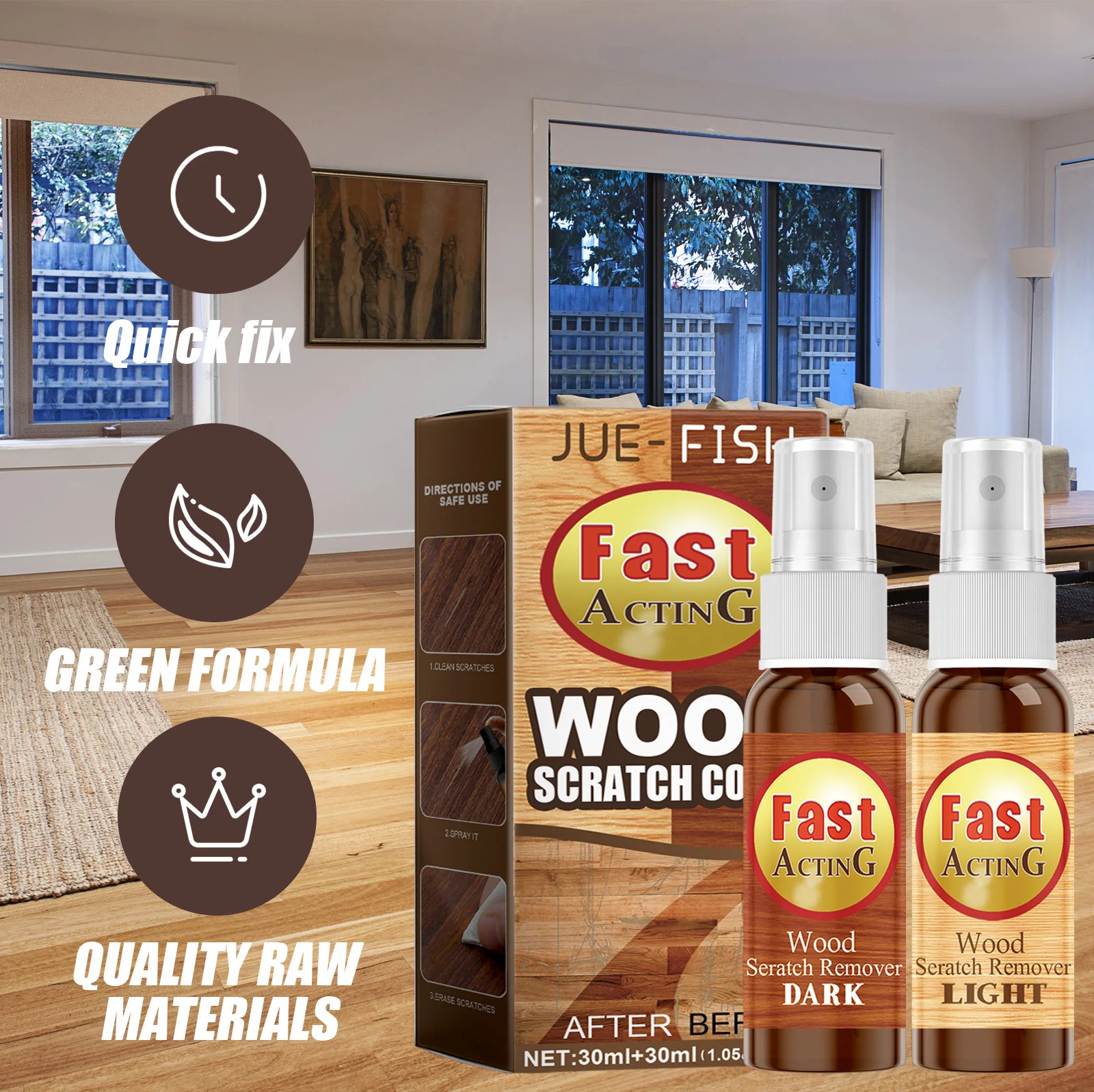 JUE-FISH الخشب الطابق خدش إصلاح طقم رذاذ للأثاث الخشبي الصلب صفح حشو فوري مرمم خيارات ألوان فاتحة داكنة