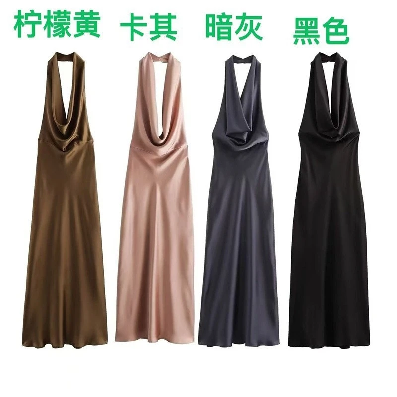 فستان نسائي صيفي من الساتان مثير بدون ظهر ورقبة رسن أنيق بقصة ضيقة فستان ميدي موضة 2024 وصل حديثًا #1