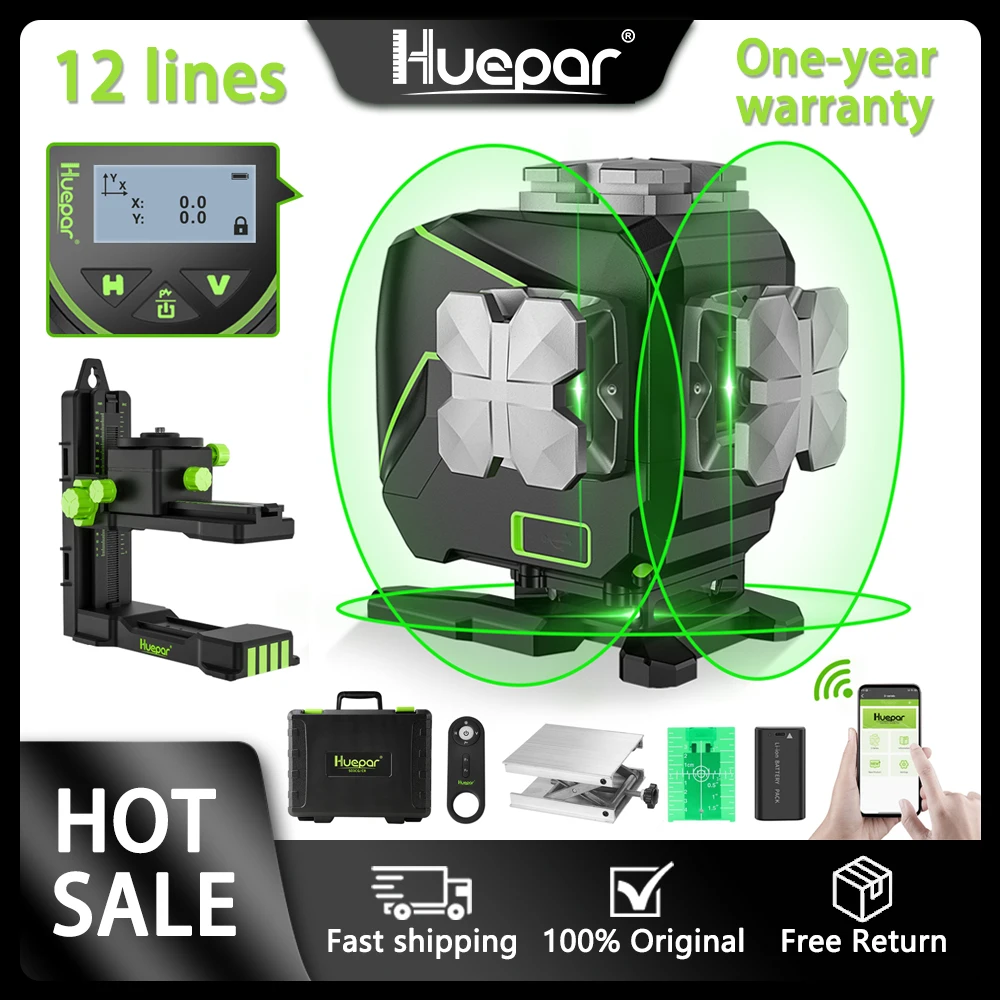 Huepar S03DG 3D Green Beam Osram 12 Lines Laser Level with Hard Carry Case,Bluetooth Function&Outdoor Pulse Mode