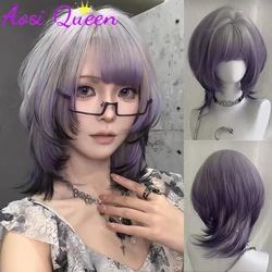 Synthetic Gradient Purple Black Medium Straight Jellyfish Wig with Bangs Natural Layered Wig Suitable for Women Daily Party