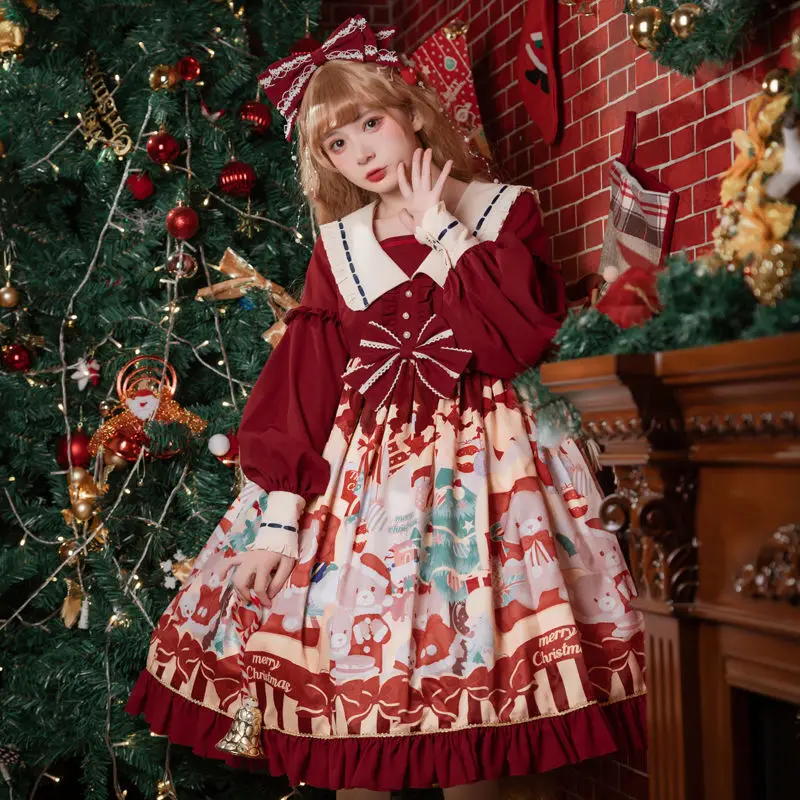 Lolita Christmas Tree Bear Red Long Sleeve Dress Op Sweet Cute Sailor Collar High Waisted Princess Dress Kawaii