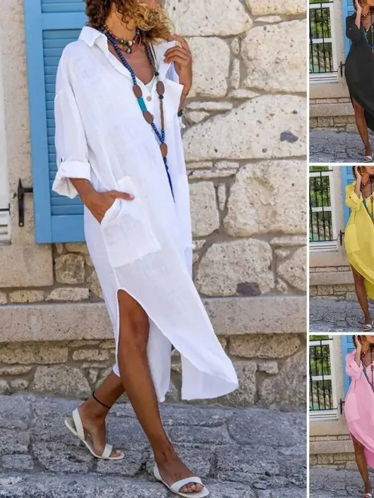 فستان قميص للنساء ملابس قطنية كتان 2025 لربيع وصيف فساتين متوسطة الطول طويلة نقية كبيرة الحجم MTB8