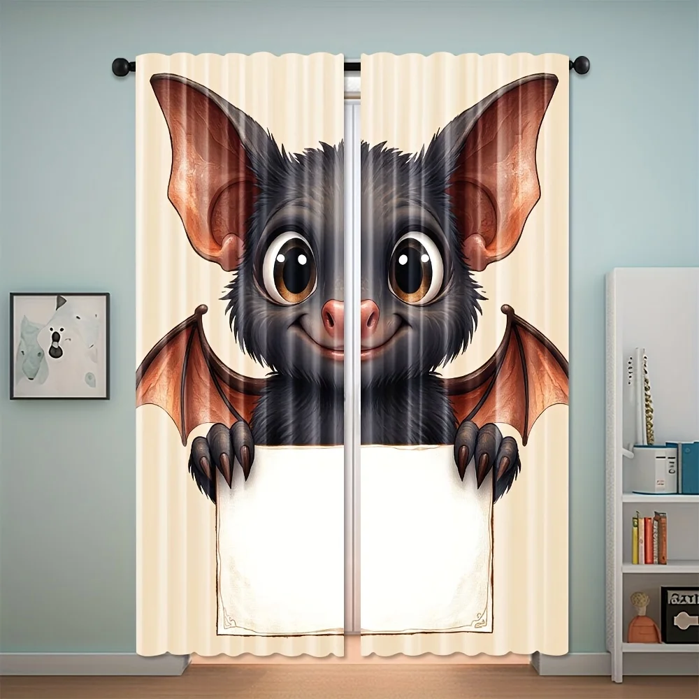 Cute Bat Print Curtains, Cartoon Animal Pattern Drapes, Halloween Kids Room Window Treatment Home Decor