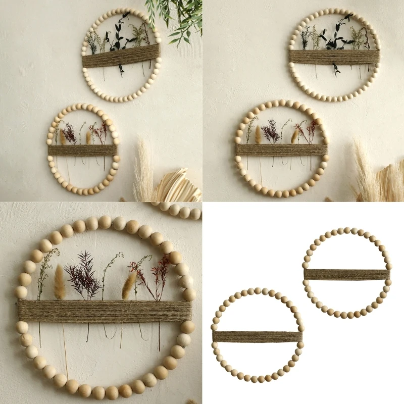 Artisanal Round Frame Wall Hanging Decors with Beads Multipurpose Macrames Rope Dried Flower Holder for Living Room