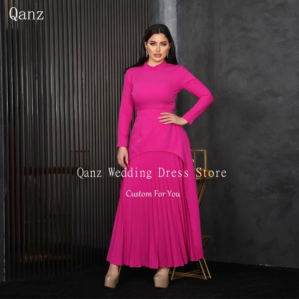 

Qanz Fuchsia Vintage Long Evening Dresses O Neck Ankle Length Robe Soirée Dubai Luxe 2024 A Line Formal Occasion Dresses Women