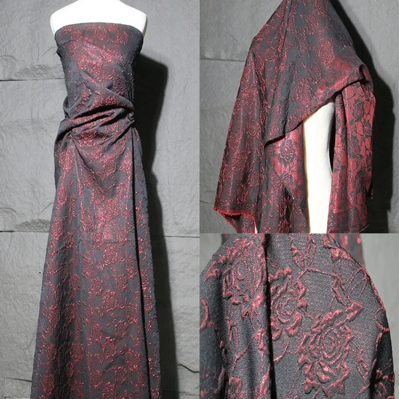 Dark Red Rose Embossed Three-dimensional Jacquard Fabric Creative Cheongsam Hanfu Dress Clothing Designer Fabrics