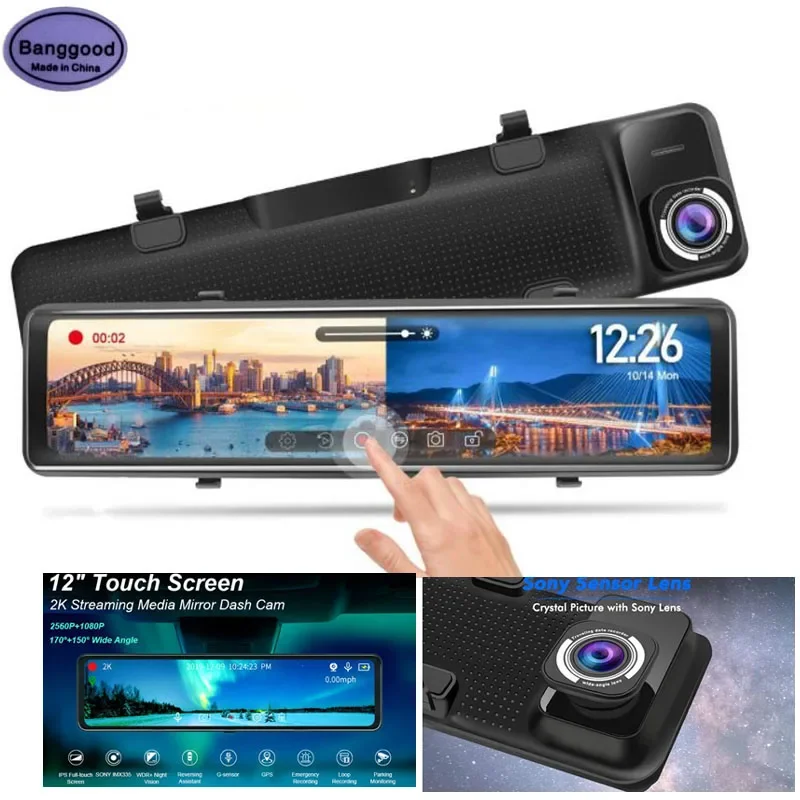 L126 2K Dashcam 12 Inch Stream Media Rear View Mirror GPS Recorder Night Vision 1440P FHD Car DVR Camera w/ Sony Imaging Sensor