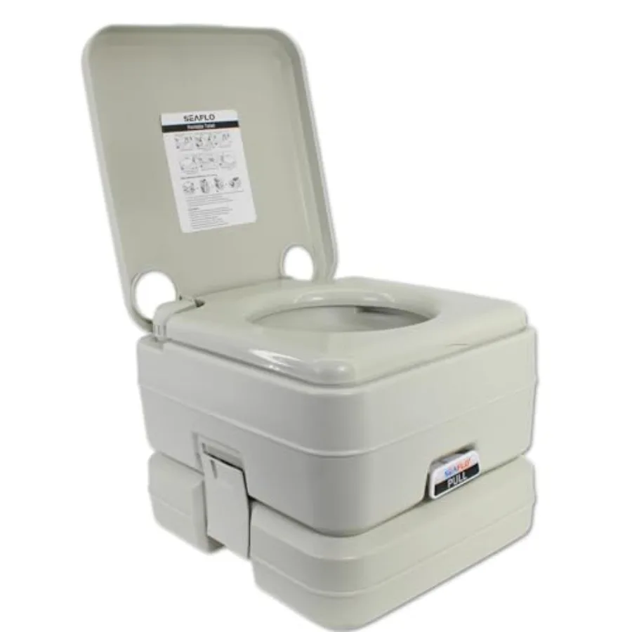Portable toilet for camping RV boat elderly off-grid use, durable plastic construction, gray color, 5.8-gallon waste capacity w