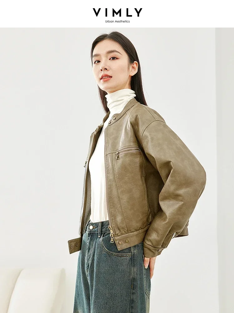 VIMLY Women's Black Quilted Leather Jackets Winter 2025 Warm Motorcoat Style Round Collar Zip Up Ladies Short Outerwear M5320