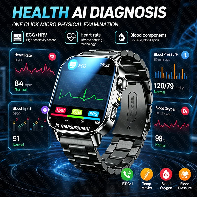 New Men ECG Precise Diagnosis Smart Watch Uric Acid Blood Fat BP Temp Blood Oxygen AI Health Monitor Bluetooth Call Smartwatches