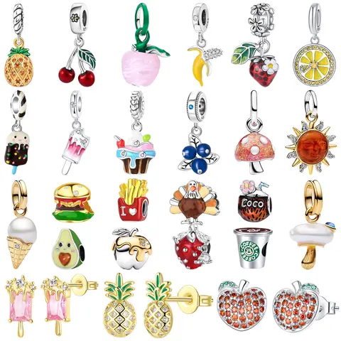 S925 Silver Fruit Food Funny Charms Keychain Ice Cream Pineapple Banana Coconut Strawberry Turkey Lemon Hamburger Beads Jewelry