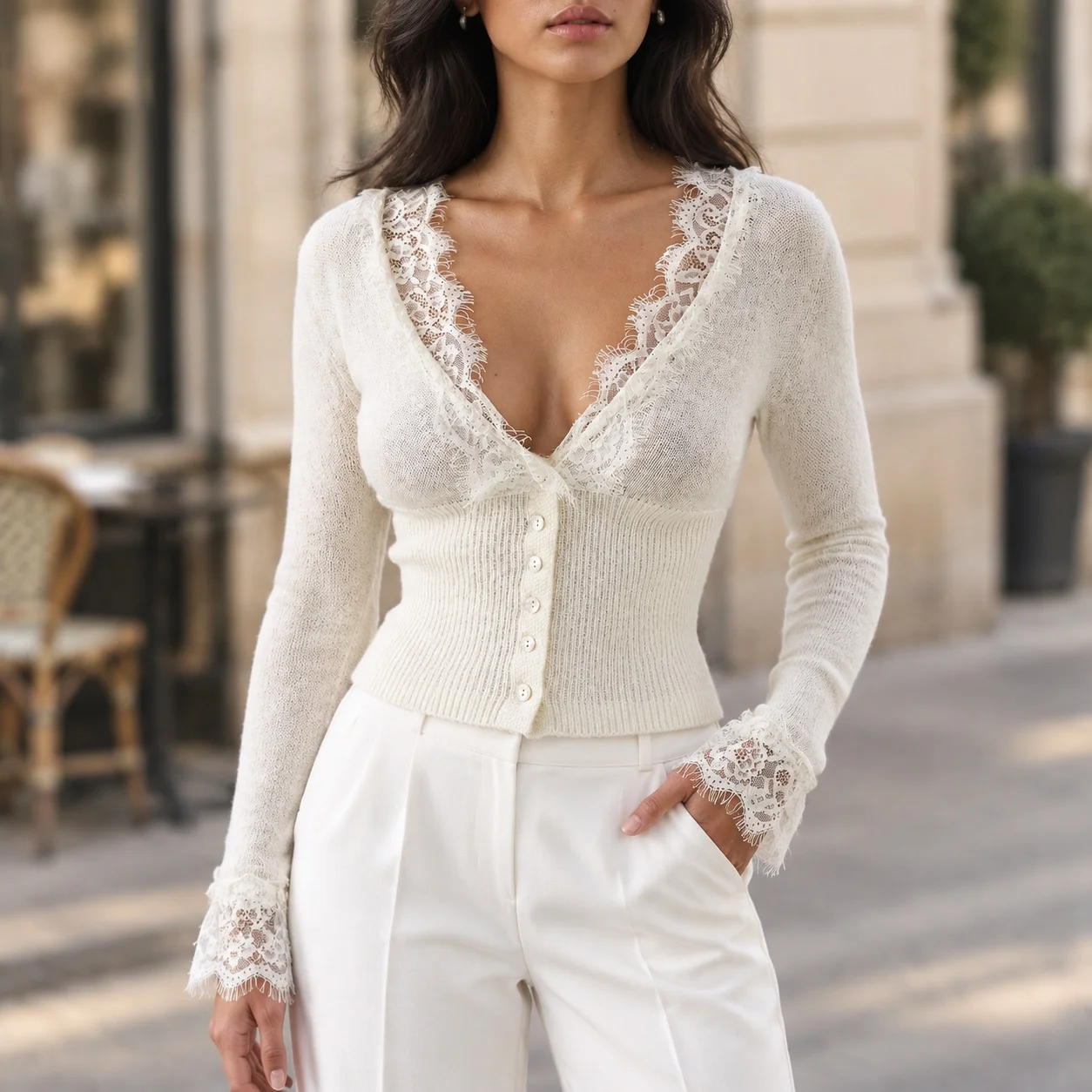 Long Sleeve Top Ruffle Trim Slim Silhouette European and American Style with Regular Sleeve V Neck Pullover Cardigan for Women