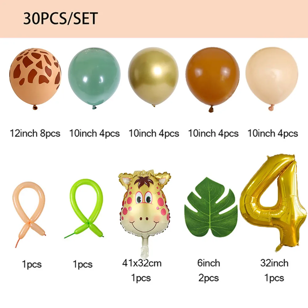 30pcs Jungle Safari Animal Number Balloons Set Kids 1 2 3 Years Birthday Party Decorations Wild One Green Latex Helium Globos