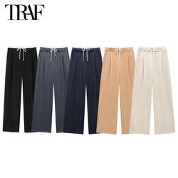 TRAF 2024 Wide Leg Pants for Women High Waist Baggy Pants Woman Summer Pleated Loose Pants Women Streetwear Tied Woman Trousers