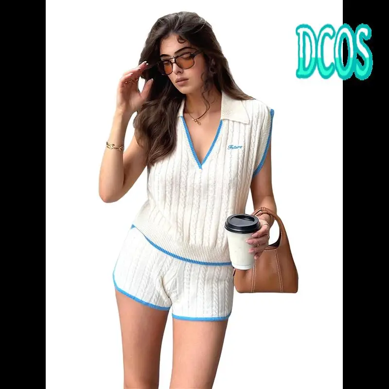 

DCOS-Women Summer Cap Sleeve Sweaters Set Knit V Neck Pullover Tank Tops 2025 Casual Sweater Shorts Set
