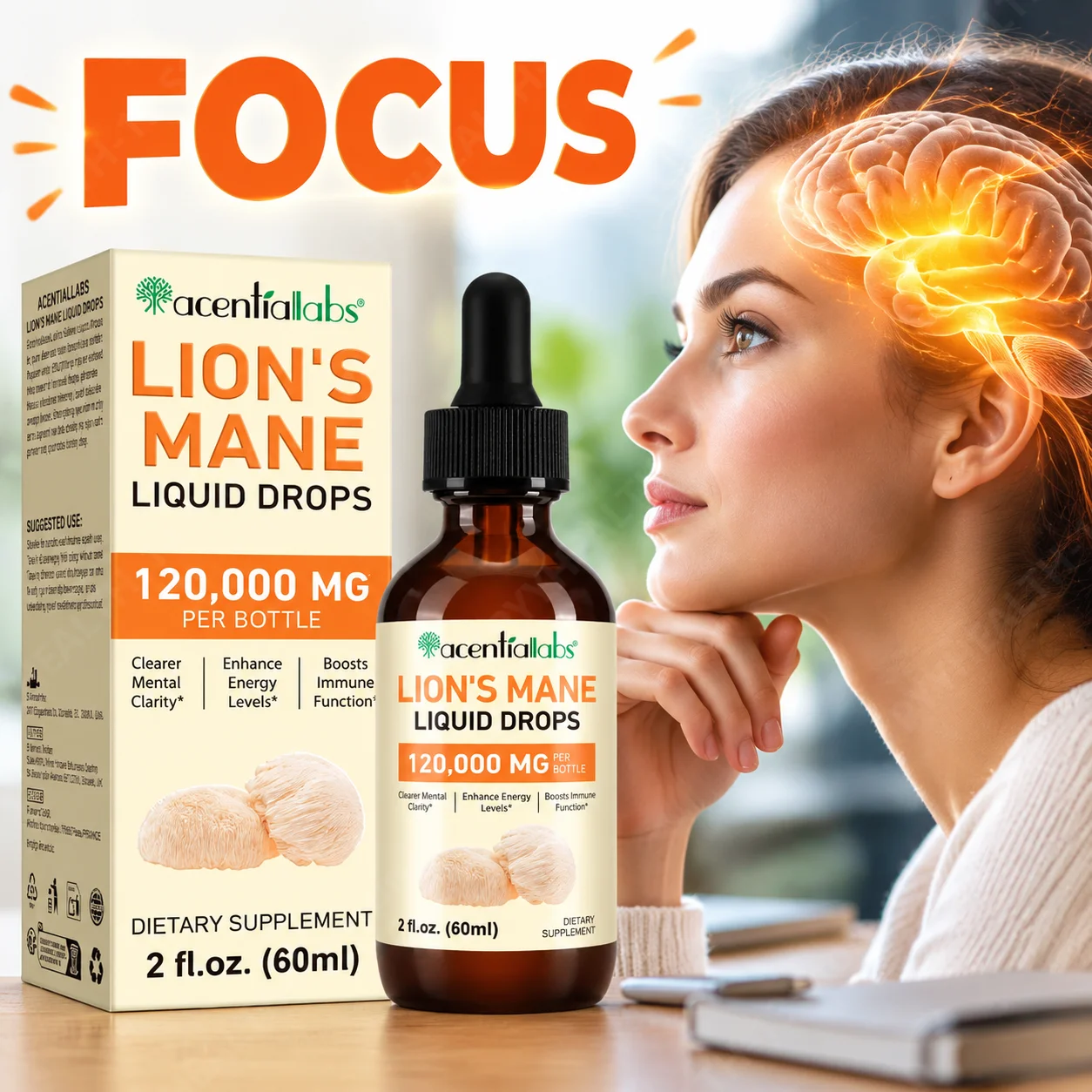 Lion's Mane Liquid Drops Promote Mental Focus Improve Clarity of Thinking Increase Memory Boost Energy 60 Ml 60 Days Supply