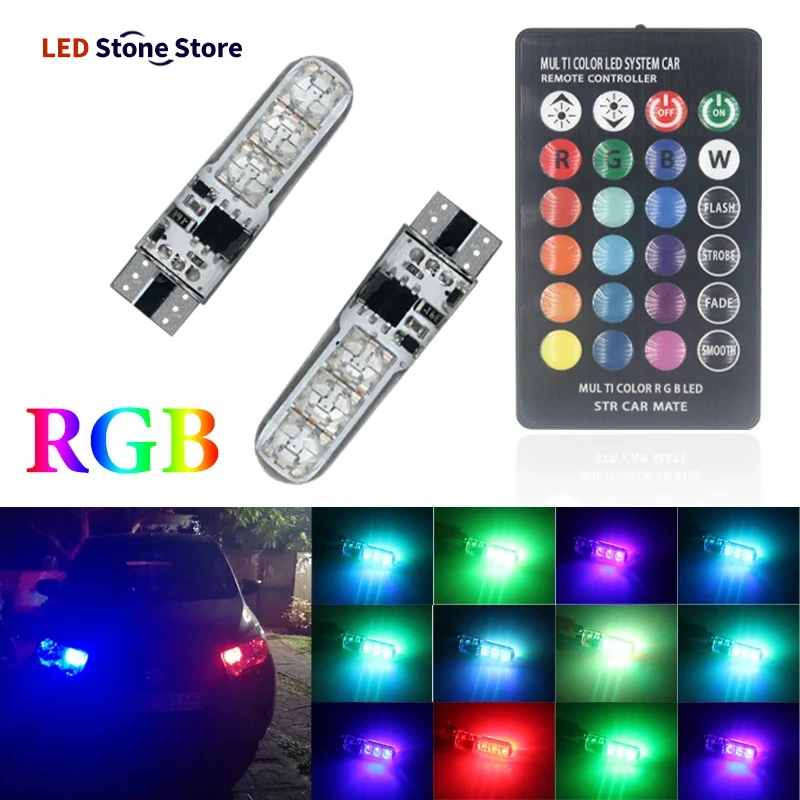 1 Juego de luces LED RGB T10 W5W 5050 6SMD para lectura, luz de techo, control remoto, luz de posición, luz de maletero, lámpara de matrícula RGB multicolor