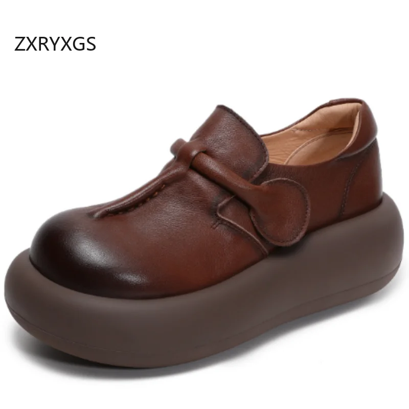 

ZXRYXGS Женская обувь из воловьей кожи в стиле ретро, туфли на платформе с лифтом, туфли на танкетке, высокие каблуки с круглым носком, комфорт 2025