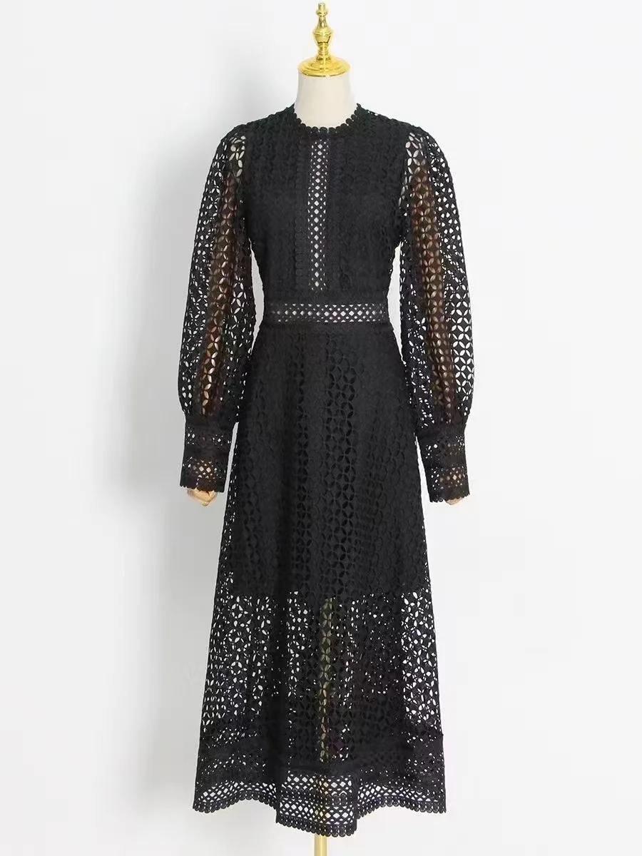 Embroidery Lace Evening Dresses Women 2023 Summer Autumn Hollow Out Long Sleeve Midi Party Vestidos Fashion Runway