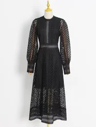 Embroidery Lace Evening Dresses Women 2023 Summer Autumn Hollow Out Long Sleeve Midi Party Vestidos Fashion Runway