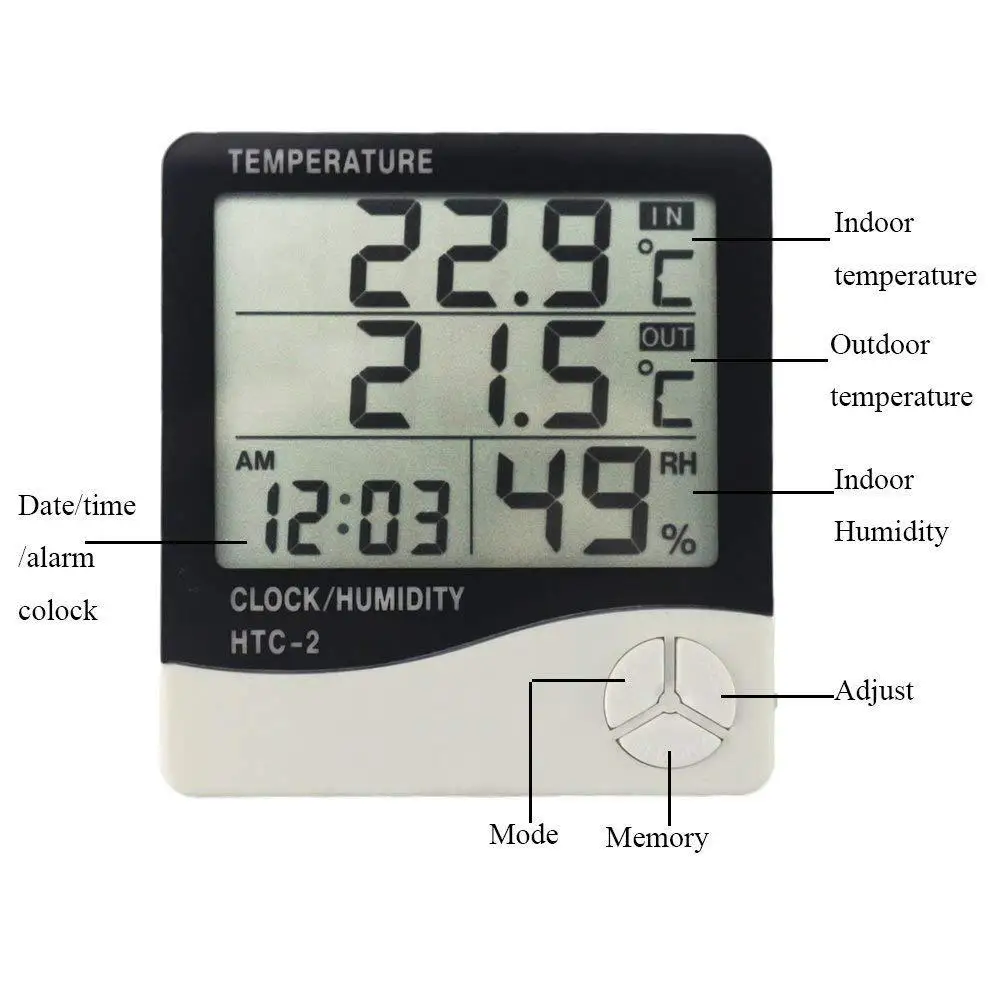 LCD Electronic Digital Temperaturer Hygrometer Humidity Meter  Indoor Outdoor Thermometer Weather Station Clock HTC-1 HTC-2