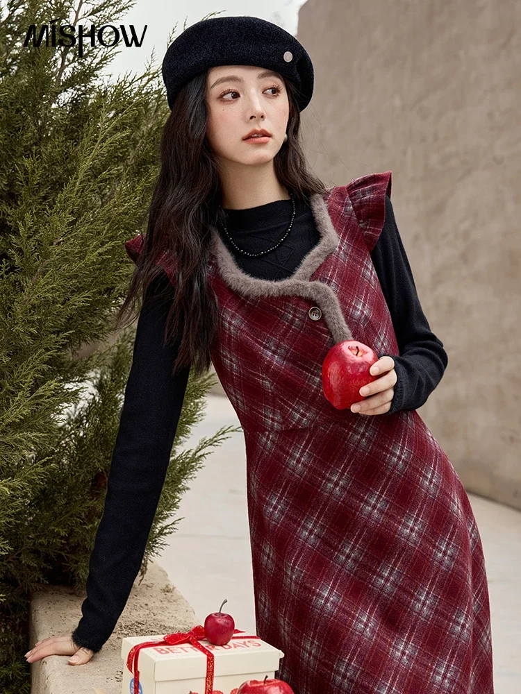 MISHOW French Red Plaid Dress For Women 2024 Autunmn Winter New Korean Vintage Sweet Slim Single Breasted Vest Dress MXD34L2065