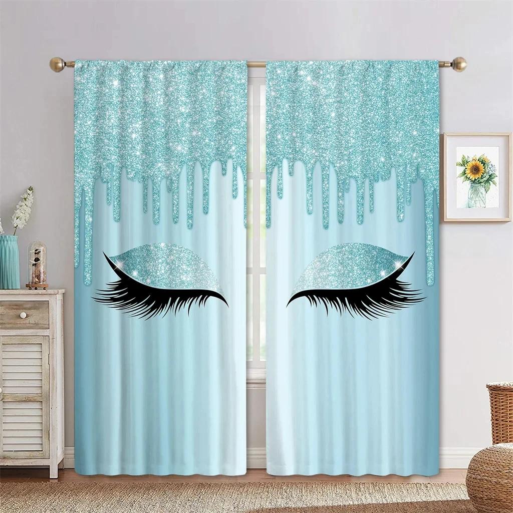 Pink Blue Yellow Eyelash Eyes Thin Shading Curtain for Living Room 2Pieces Kids Bedroom Children WindowsBathroom Decor Hooks