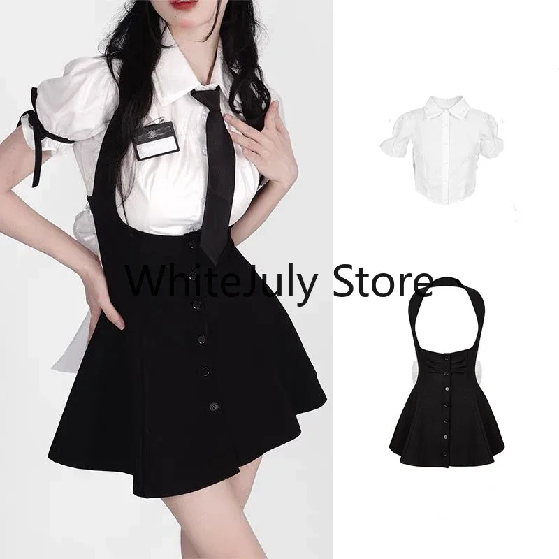 2023 Summer Sweet Two Piece Set for Women Long Sleeve White Shirts + Y2k Mini Dress Female Kawaii Clothing Korean Fashion Suits