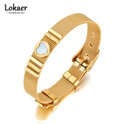 Lokaer Titanium White Shell Love Heart Charm Bracelets Jewelry For Women Stainless Steel Adjustable Watch Strap Bracelet B21128