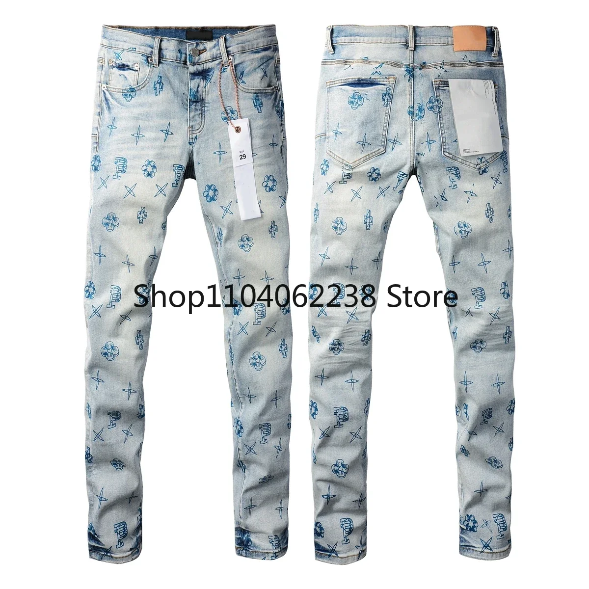 2024  Purples jeans Men with High street blue print letters Fashion Repair Low Rise Skinny Denim brands pants 28-40 size