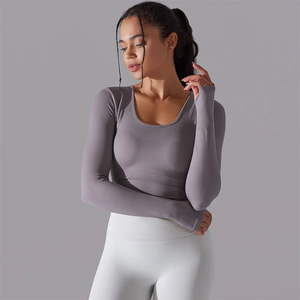 Camisas de Yoga sin costuras, Top deportivo, ropa de gimnasio de manga larga, camisetas de entrenamiento para correr, ropa activa, camisa ajustada de Fitness para mujer