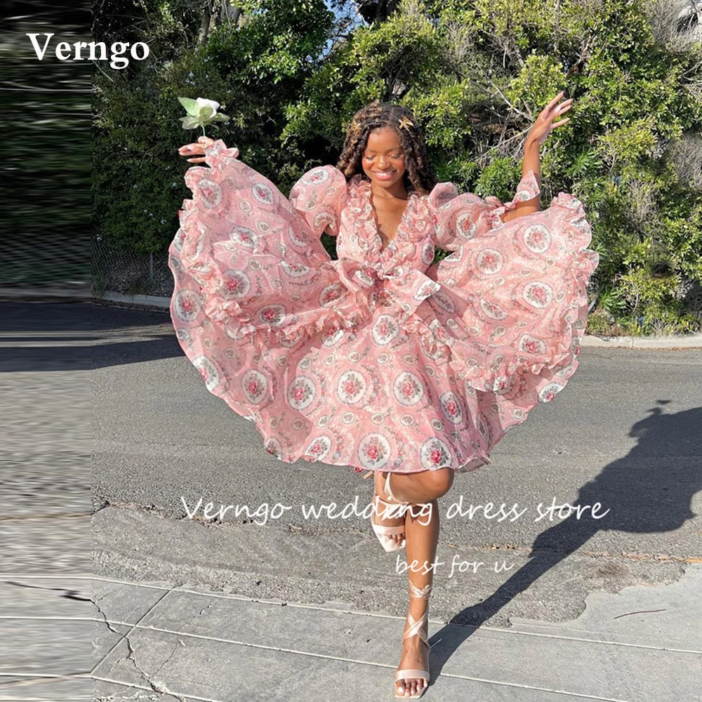 

Verngo Printed Prom Dresses Puff Short Sleeves V Neck Knee Length Evening Pary Gowns Pastrol Formal Summer African Dailywear