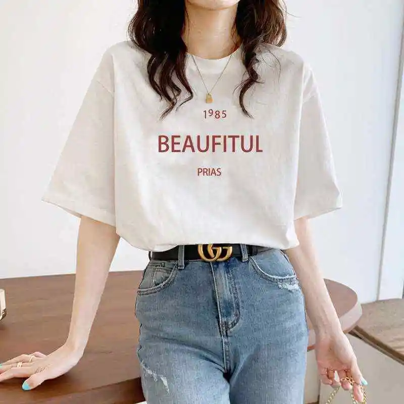 

Summer Women's Cotton ort-Sved T-irt New White Comfortable Breathable Casual Top for Women Luxury Sle Pure Color