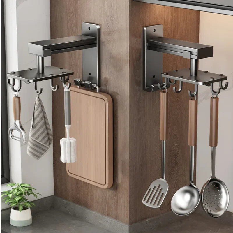 Wall-mounted Kitchen Hooks Spatula Spoon Hanging Rack Save Space 360 Degrees Rotating Kitchen Tool Storage