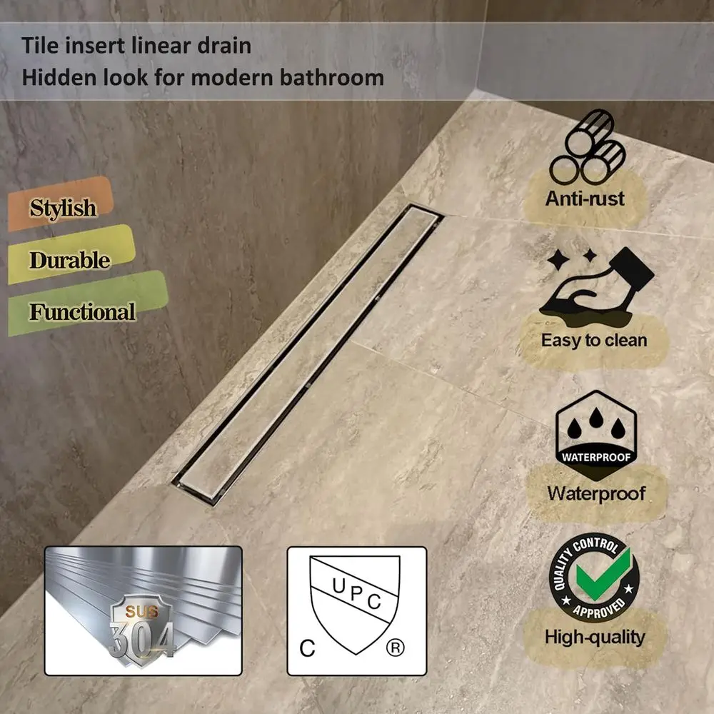 32-Inch Brushed Stainless Steel Linear Shower Floor Drain with Tile Insert Grate