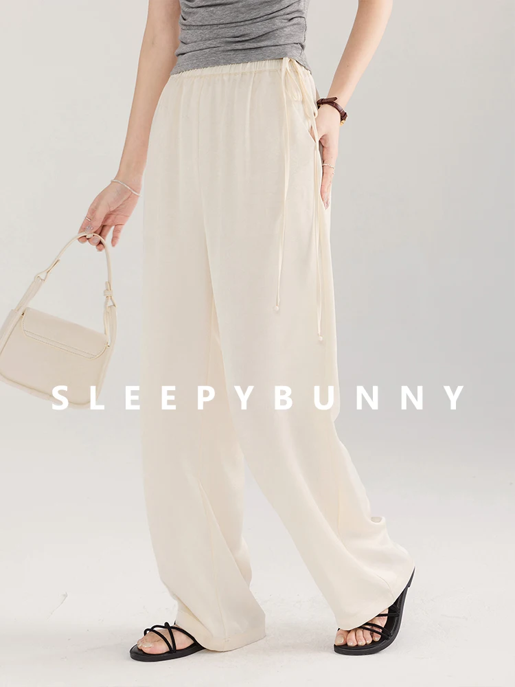 High Waist Summer Wide Leg Pants for Women Lightweight Loose Fit Elastic Waist Lounge Trousers Drawstring Flowy Casual Palazzo