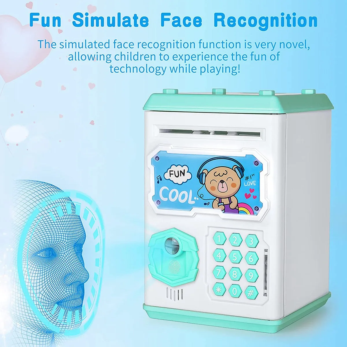 A42T-Electronic Piggy Bank,ATM Password Coin Bank For Kids,Simulate Face Fingerprint Automatic Scroll Paper Money Coin Bank