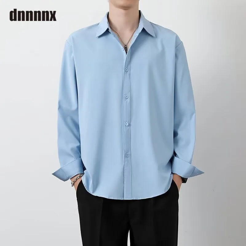 Spring Handsome Loose-fitting Solid Color Versatile Casual Ice Silk Long-sleeved Shirt for Men Women