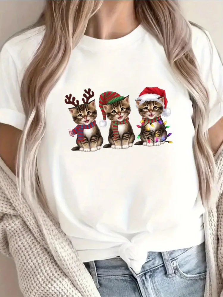 

Women's Christmas Cat T-Shirt Cute Santa Claus Soft Crew Neck Casual Top Holiday Party Wear Patterned T-Shirt Printed Shirt