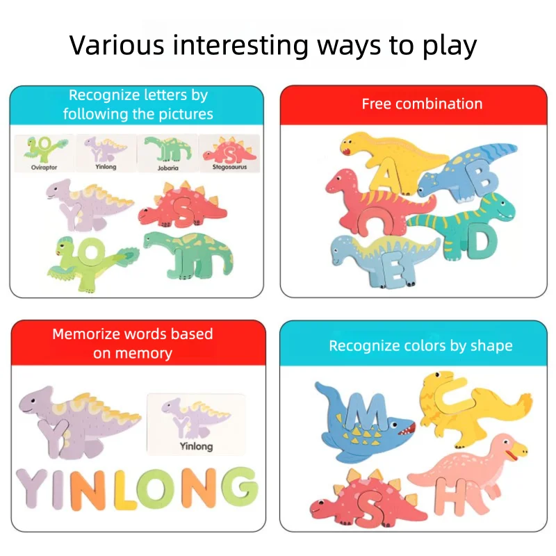 木製の創造的な恐竜の26文字、幼児教育パズルおもちゃ、啓蒙学習ゲーム、子供の教育
