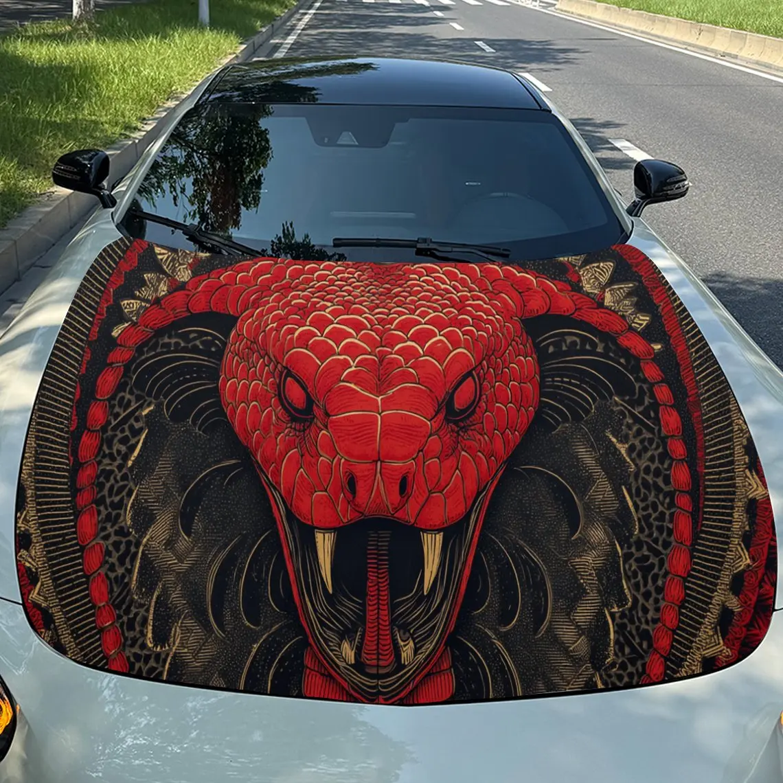 

Fierce Sharp Teeth Red Cobra PVC Car Vinyl Wraps, Self-Adhesive Waterproof Car Hood Decal Sticker, Car Decoration Protection Sti