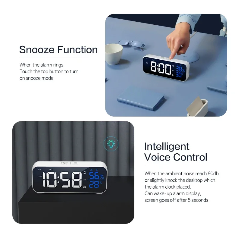 Music LED Digital Alarm ClockTemperature Humidity DisplayVoice Control Desktop ClocksHome Table Decoration Built-in 1200mAh