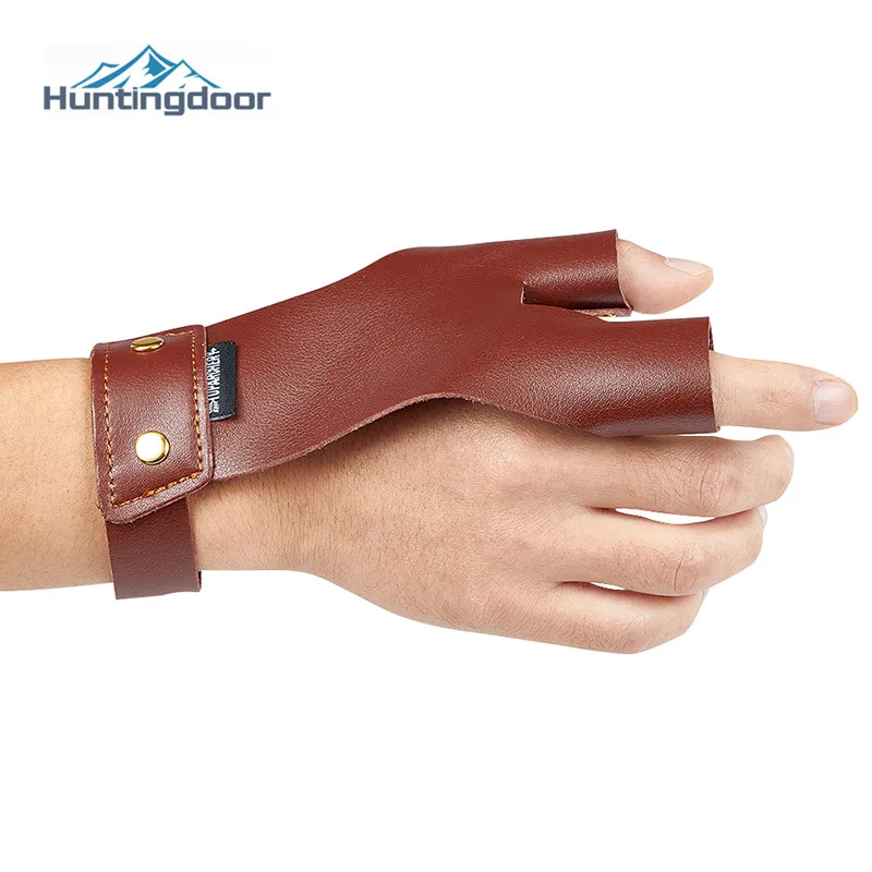 Brown Cowhide Finger Protect Glove Guard Leather Left/Right Hand Thumb Index Fingers ForTraditional Bow Arrow Hunting Shooting