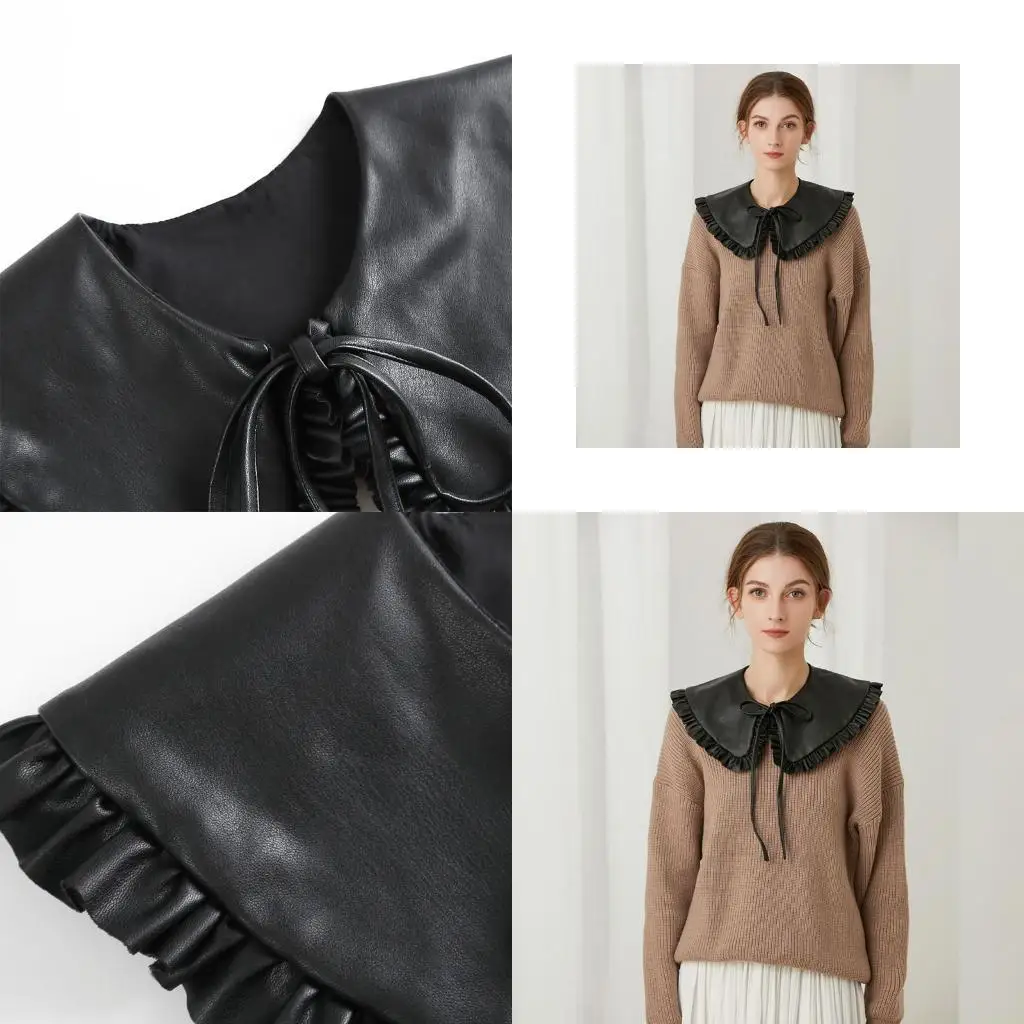 

31BF Женская черная шаль из искусственной кожи с накладным воротником для куклы, понч с рюшами и завязками