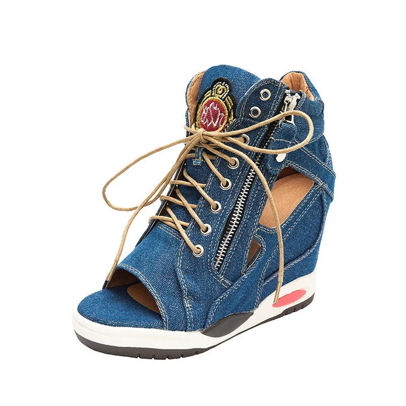 Summer New Women\'s Comfortable Wedge Heels With Stylish And Simple Denim Canvas Single Round head wedges Shoes