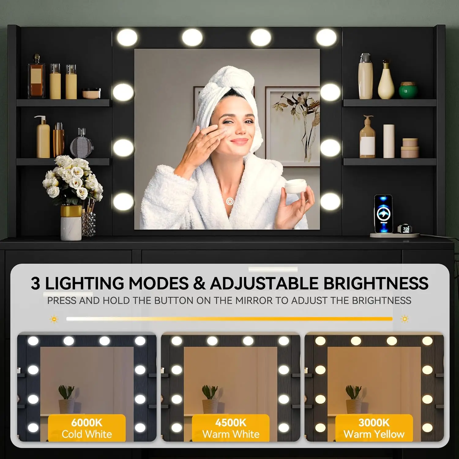 مكتب فانيتي مع مرآة ومخرج طاقة، طاولة مكياج مع 4 أدراج و6 أرفف تخزين، 3 ألوان إضاءة قابلة للتعديل